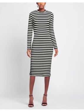 BERNA Striped Long Sleeve Bodycon Midi Dress - Black & White